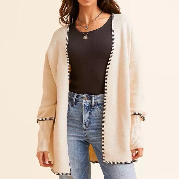 BKE Whipstitch Cardigan Sweater Crean Birch Sz M Oversized Soft Cozy Knit - Picture 1 of 10